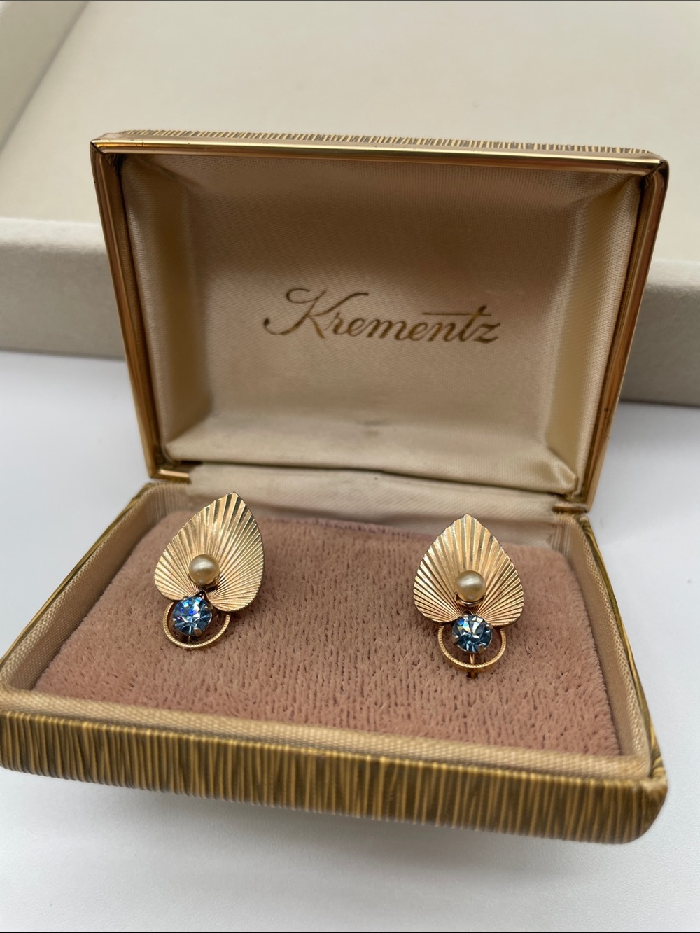 Krementz Gold-Tone Leaf Earrings with Blue Rhinestone and Pearl Accent